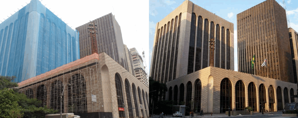 Antes e depois de fachada de edifício modernizada com retrofit e novas soluções em vidro
